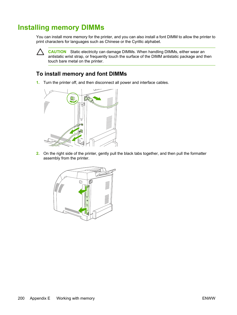 Installing memory dimms, To install memory and font dimms | HP 3800 User Manual | Page 214 / 226