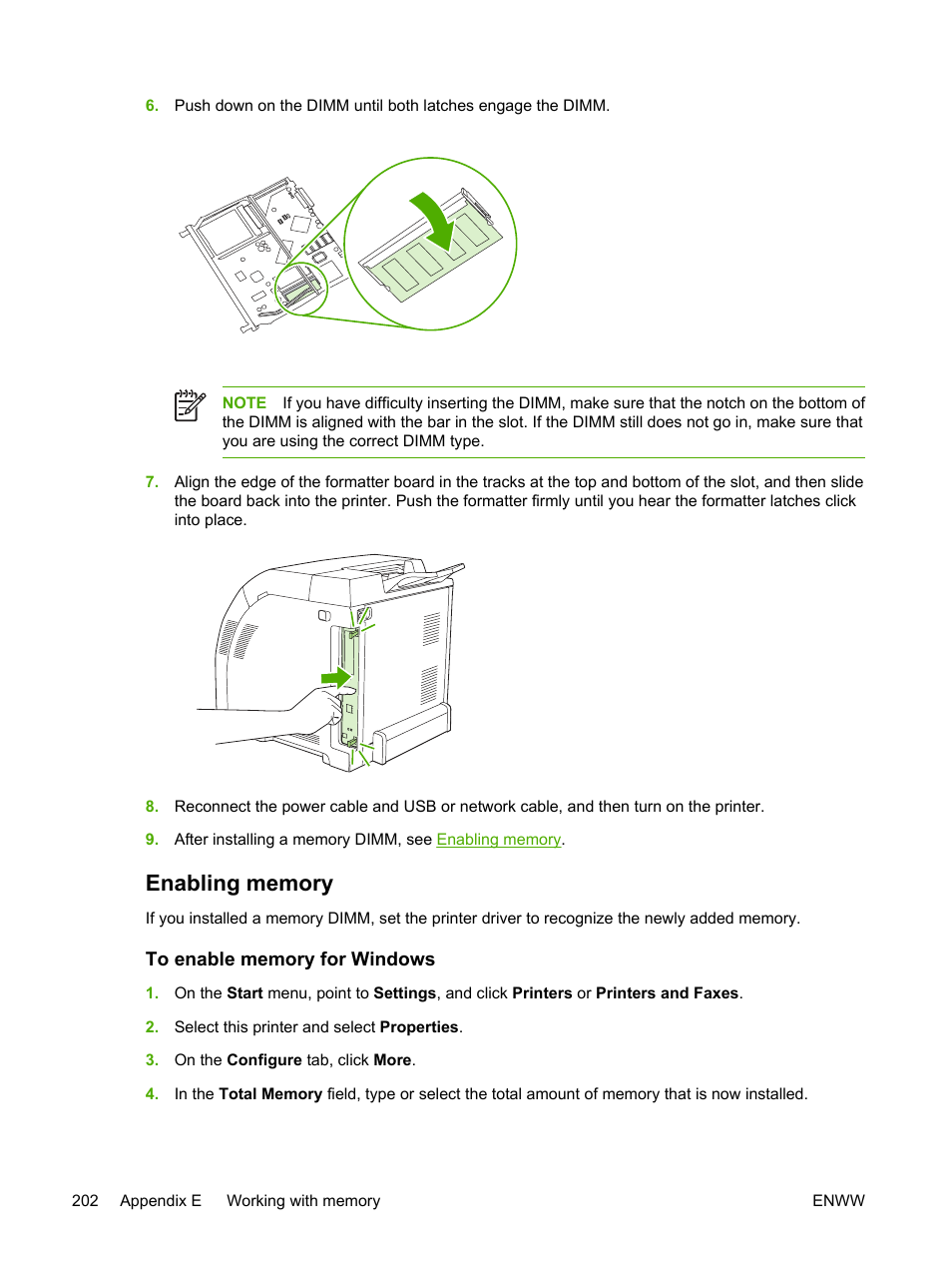 Enabling memory, To enable memory for windows | HP 3800 User Manual | Page 216 / 226