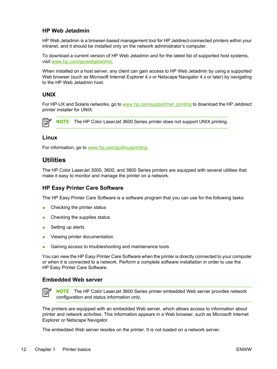 Hp web jetadmin, Unix, Linux | Utilities, Hp easy printer care software, Embedded web server, Hp web jetadmin unix linux, Hp easy printer care software embedded web server | HP 3800 User Manual | Page 26 / 226