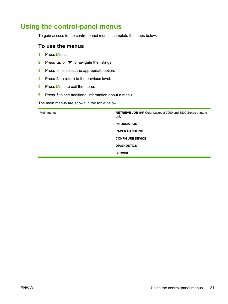 Using the control-panel menus, To use the menus | HP 3800 User Manual | Page 35 / 226