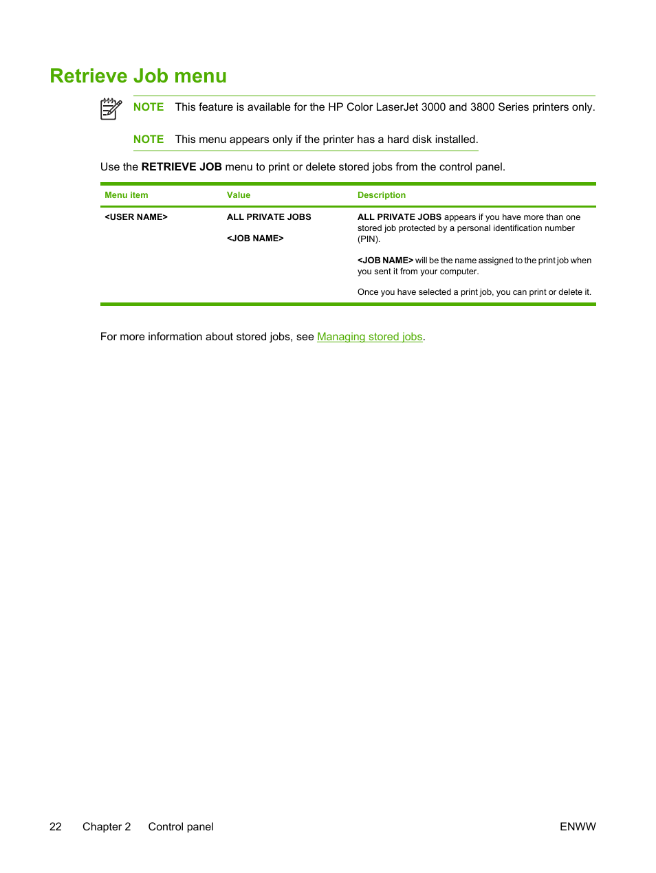 Retrieve job menu | HP 3800 User Manual | Page 36 / 226