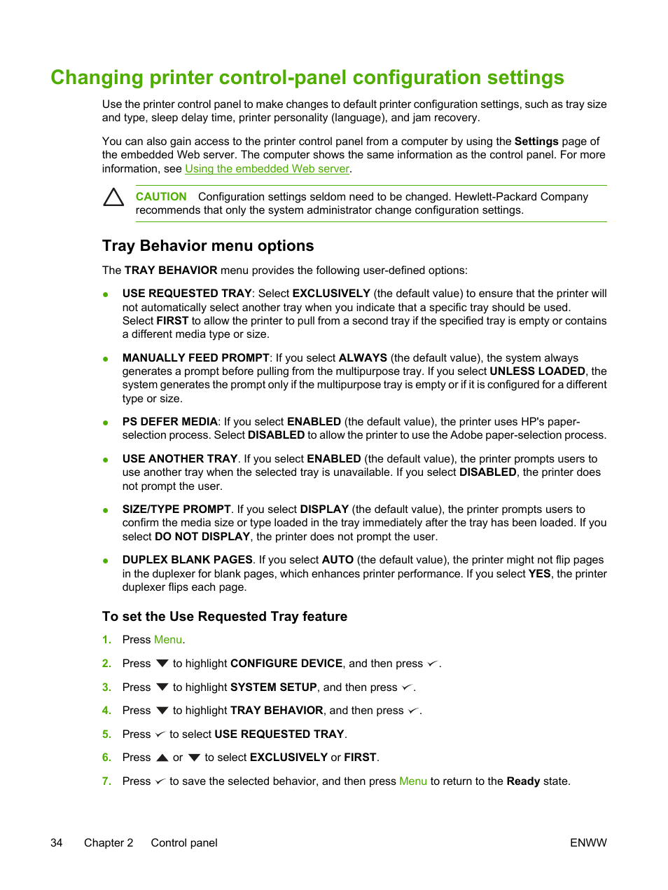Tray behavior menu options, To set the use requested tray feature, Changing printer control-panel | Configuration settings | HP 3800 User Manual | Page 48 / 226