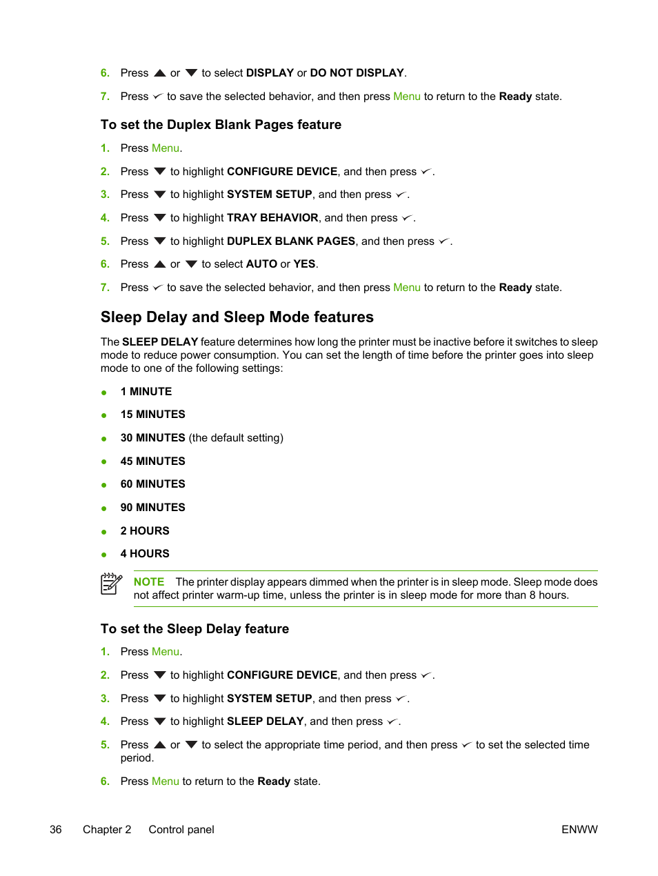 Sleep delay and sleep mode features, To set the sleep delay feature | HP 3800 User Manual | Page 50 / 226