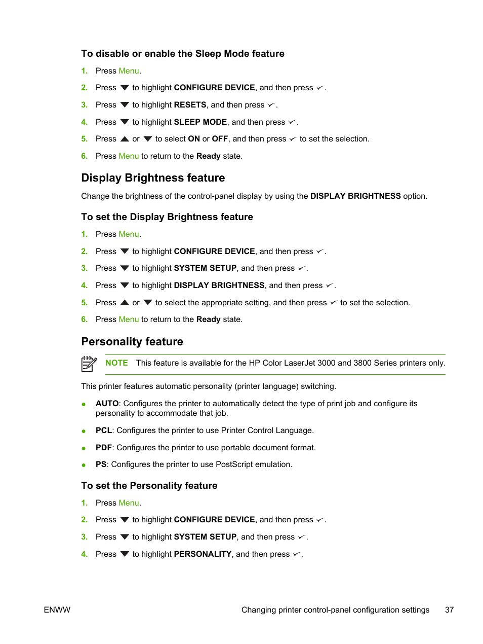 To disable or enable the sleep mode feature, Display brightness feature, To set the display brightness feature | Personality feature, To set the personality feature | HP 3800 User Manual | Page 51 / 226