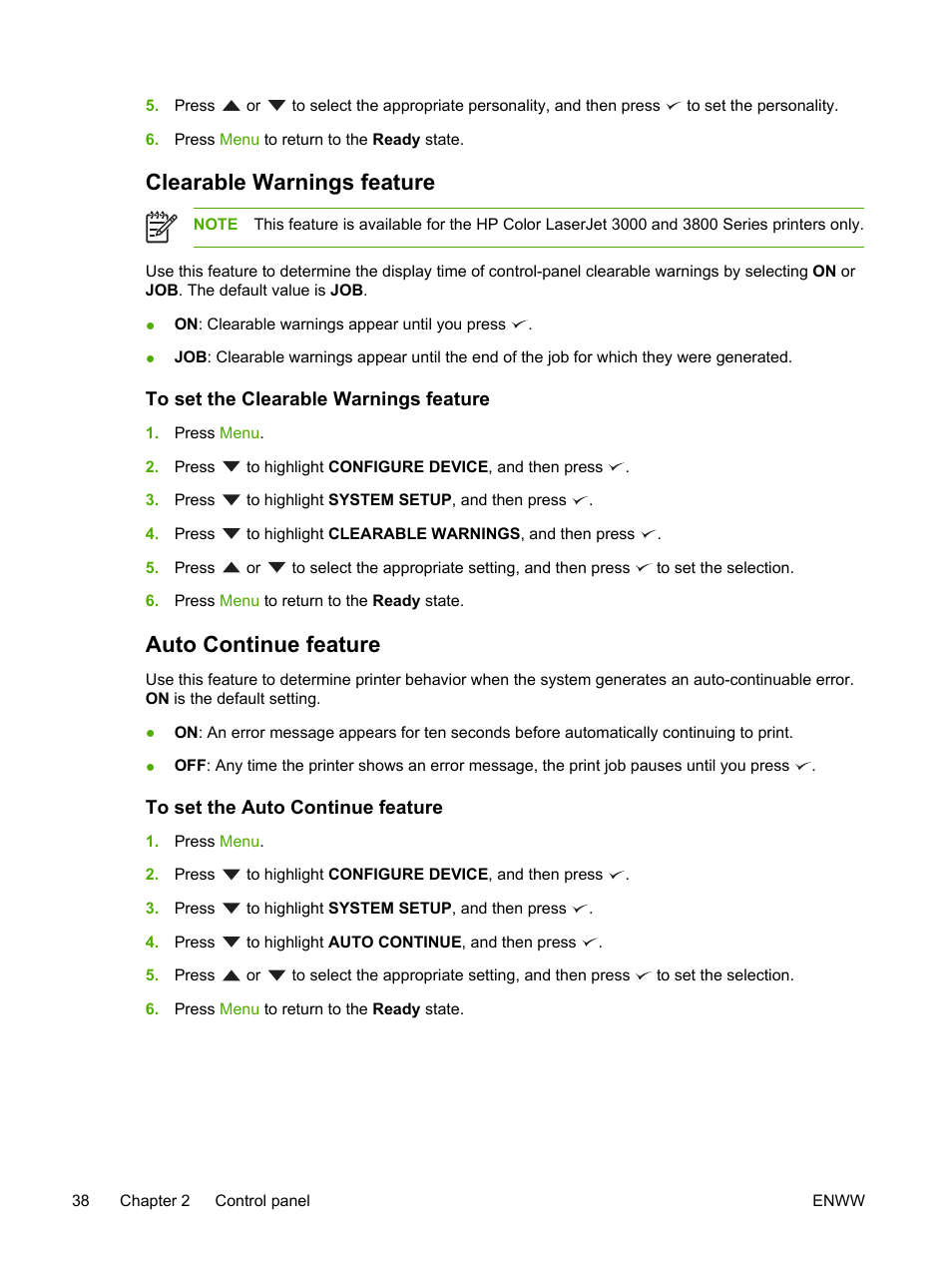 Clearable warnings feature, To set the clearable warnings feature, Auto continue feature | To set the auto continue feature | HP 3800 User Manual | Page 52 / 226