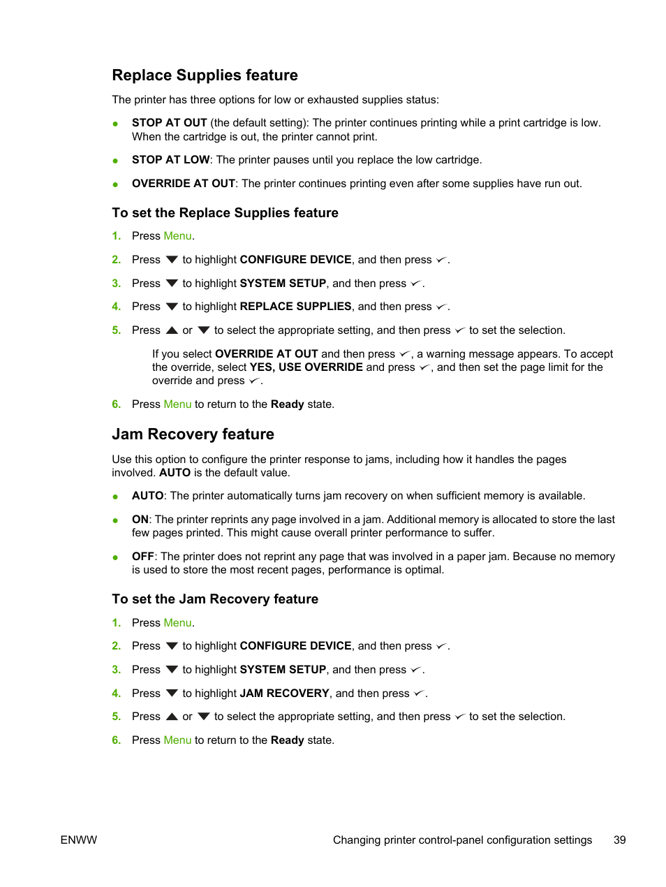 Replace supplies feature, To set the replace supplies feature, Jam recovery feature | To set the jam recovery feature, For more | HP 3800 User Manual | Page 53 / 226