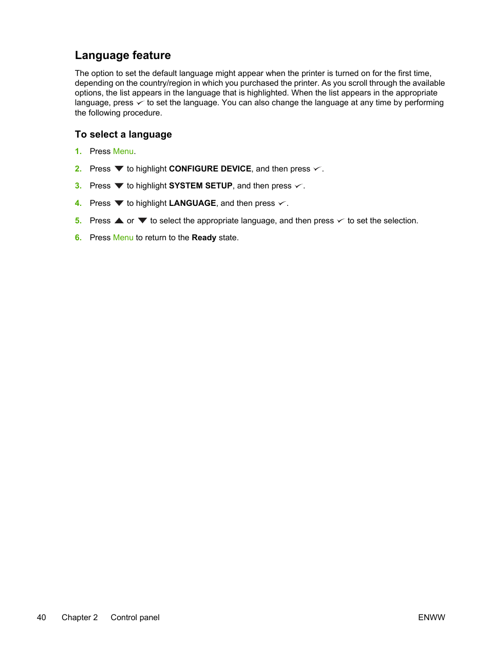 Language feature, To select a language | HP 3800 User Manual | Page 54 / 226