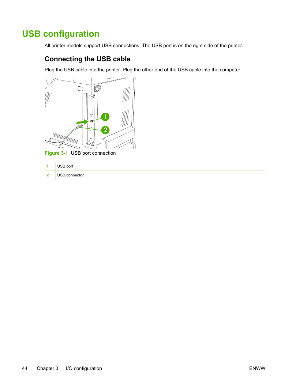 Usb configuration, Connecting the usb cable | HP 3800 User Manual | Page 58 / 226