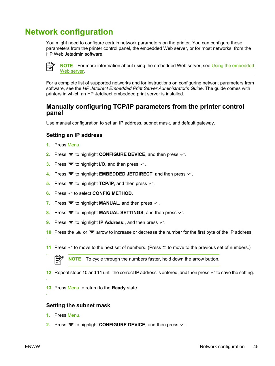 Network configuration, Setting an ip address, Setting the subnet mask | Setting an ip address setting the subnet mask | HP 3800 User Manual | Page 59 / 226