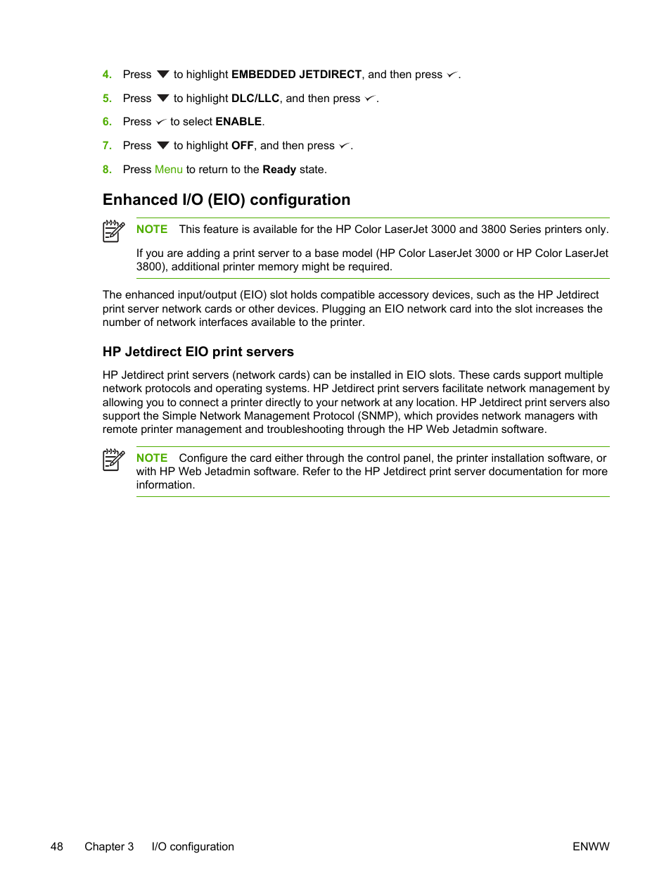 Enhanced i/o (eio) configuration, Hp jetdirect eio print servers | HP 3800 User Manual | Page 62 / 226