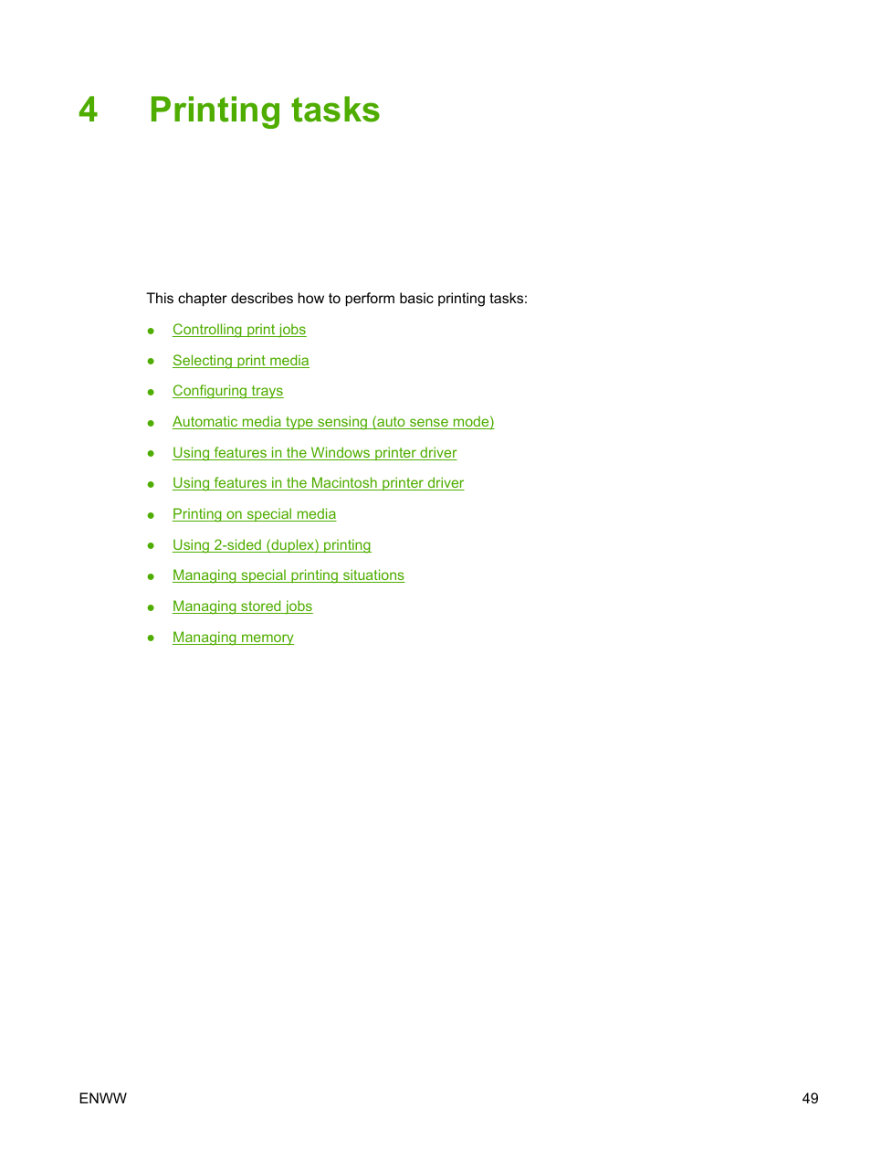 Printing tasks, 4 printing tasks, 4printing tasks | HP 3800 User Manual | Page 63 / 226