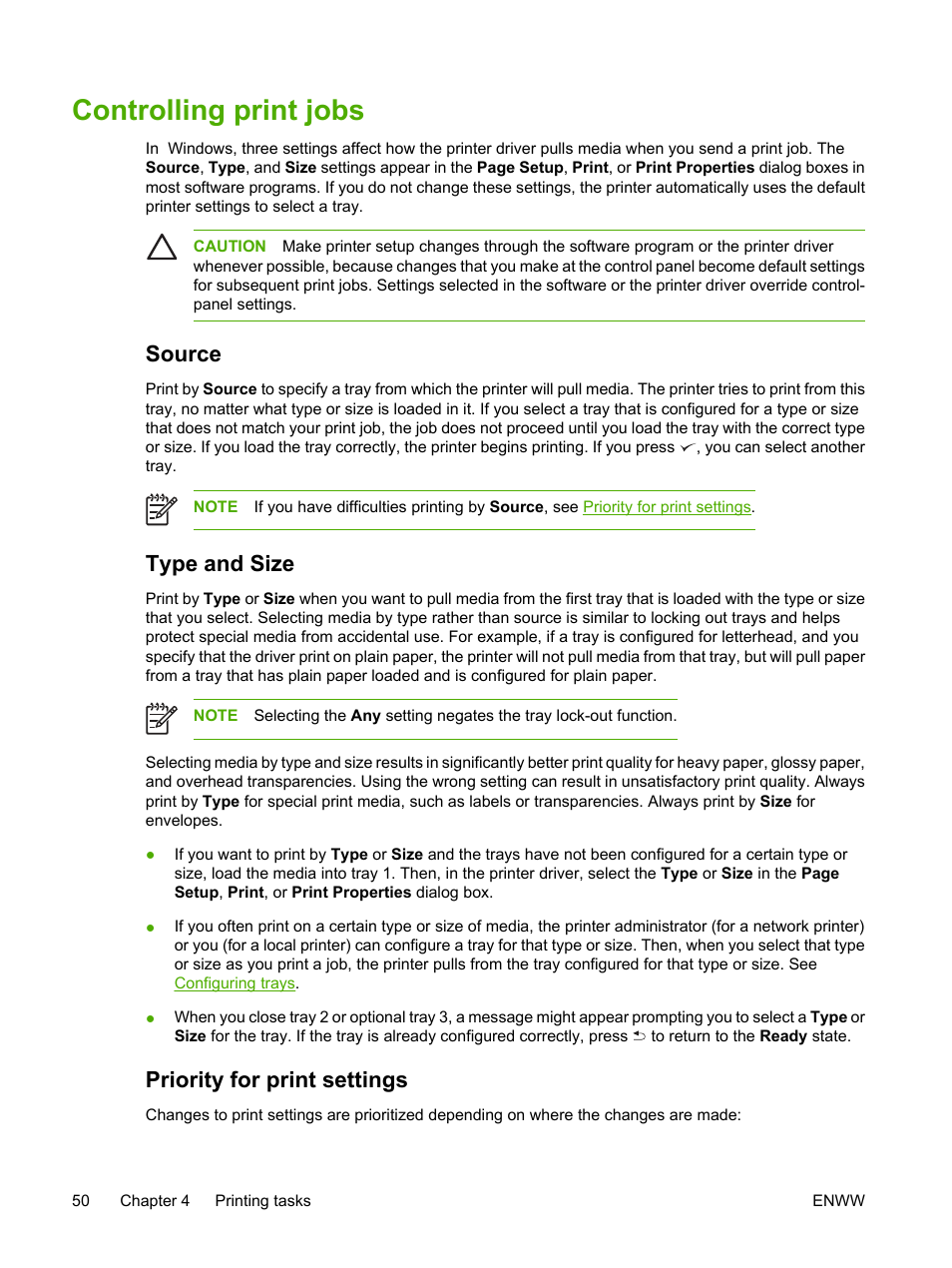 Controlling print jobs, Source, Type and size | Priority for print settings, Source type and size | HP 3800 User Manual | Page 64 / 226