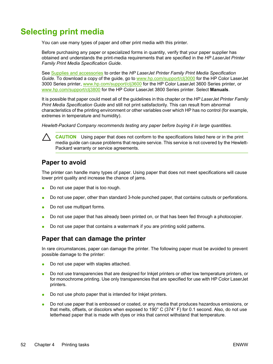 Selecting print media, Paper to avoid, Paper that can damage the printer | Paper to avoid paper that can damage the printer | HP 3800 User Manual | Page 66 / 226