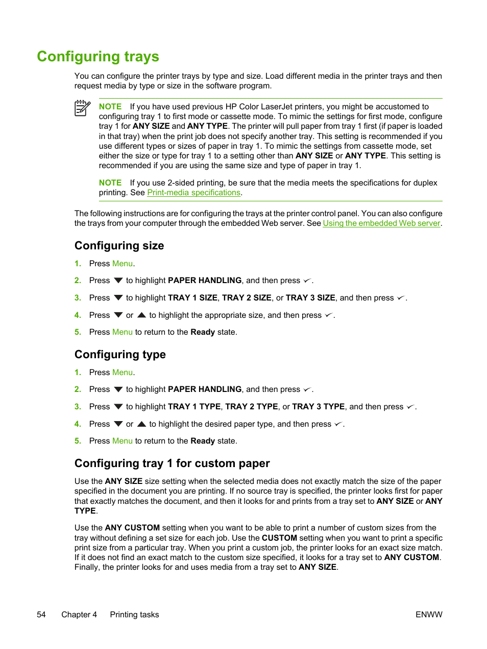 Configuring trays, Configuring size, Configuring type | Configuring tray 1 for custom paper | HP 3800 User Manual | Page 68 / 226