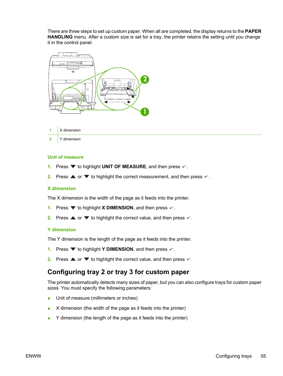 Configuring tray 2 or tray 3 for custom paper | HP 3800 User Manual | Page 69 / 226