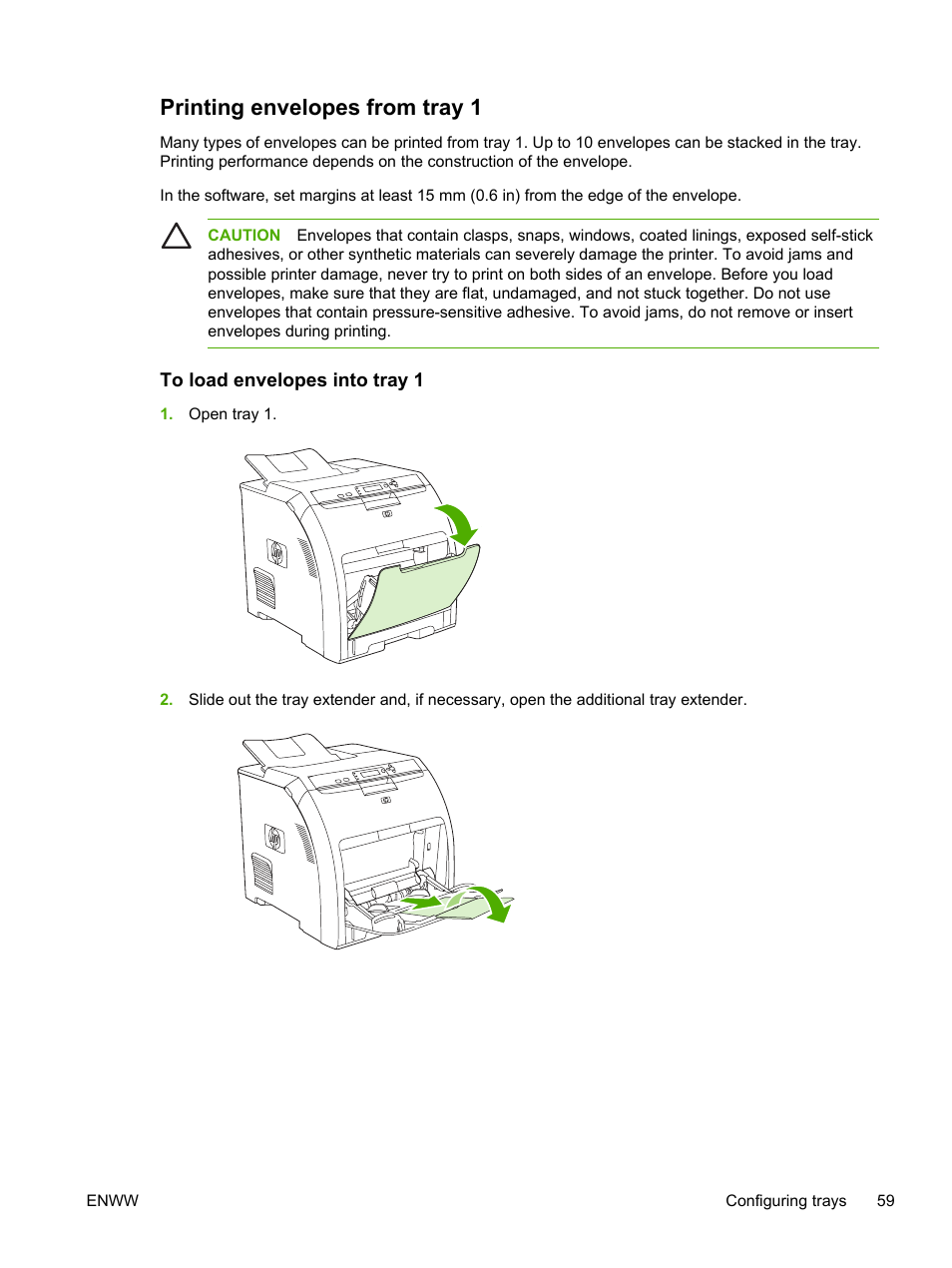 Printing envelopes from tray 1, To load envelopes into tray 1 | HP 3800 User Manual | Page 73 / 226