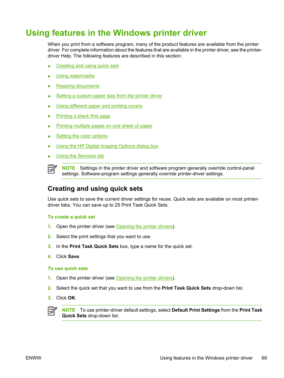 Using features in the windows printer driver, Creating and using quick sets | HP 3800 User Manual | Page 83 / 226