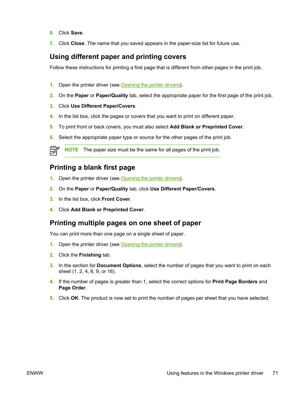 Using different paper and printing covers, Printing a blank first page, Printing multiple pages on one sheet of paper | HP 3800 User Manual | Page 85 / 226