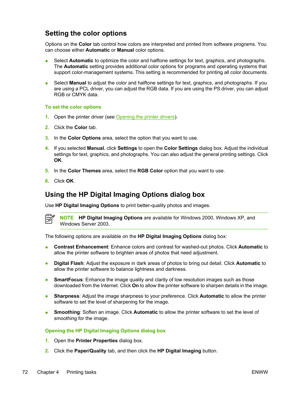 Setting the color options, Using the hp digital imaging options dialog box | HP 3800 User Manual | Page 86 / 226