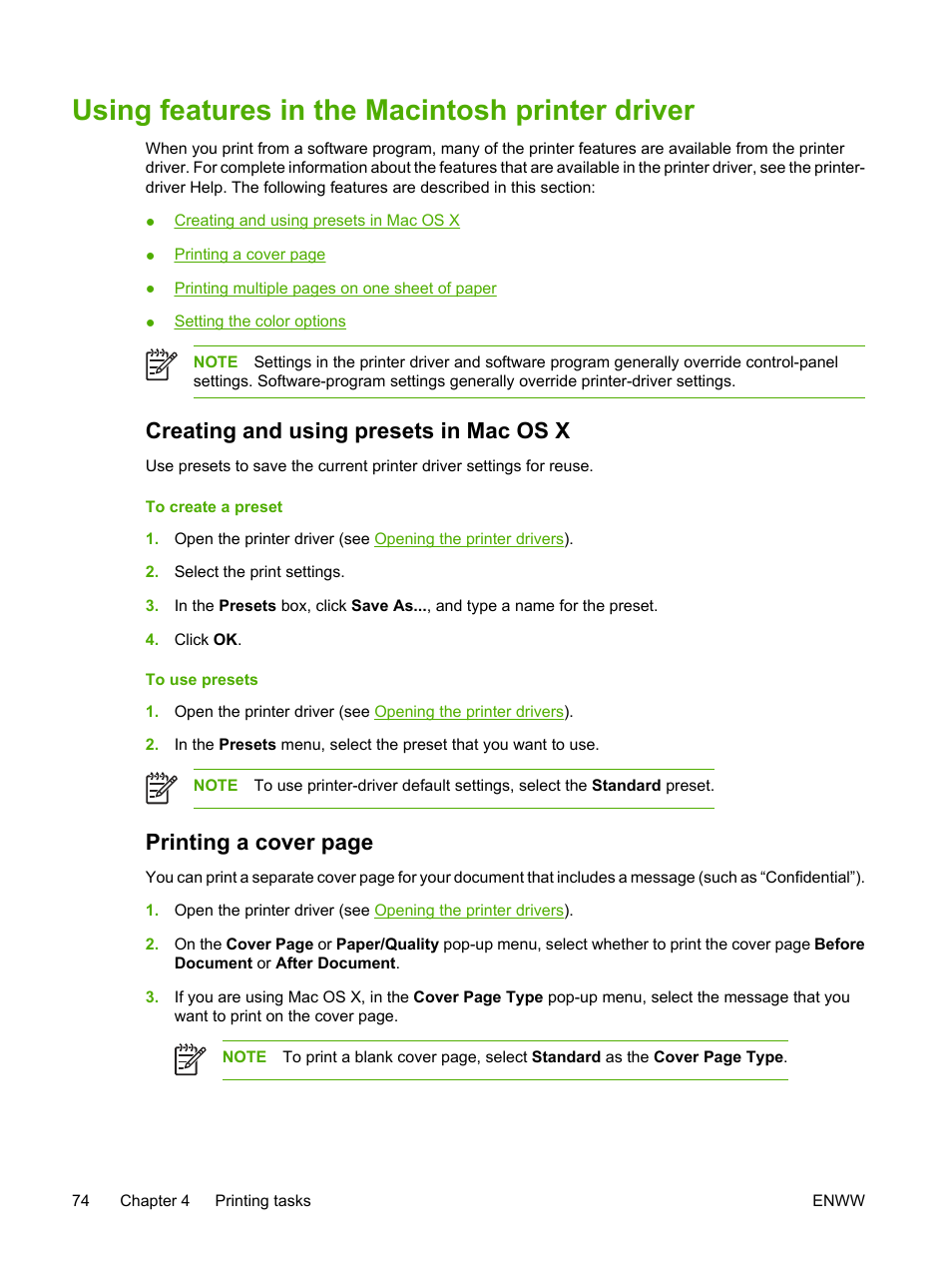 Using features in the macintosh printer driver, Creating and using presets in mac os x, Printing a cover page | HP 3800 User Manual | Page 88 / 226