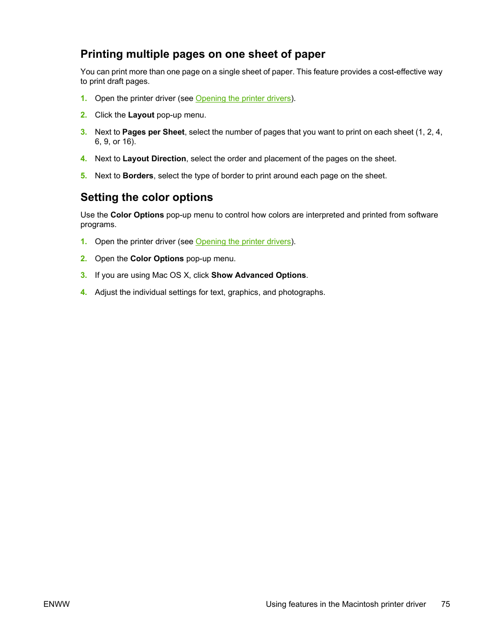 Setting the color options, Printing multiple pages on one sheet of paper | HP 3800 User Manual | Page 89 / 226