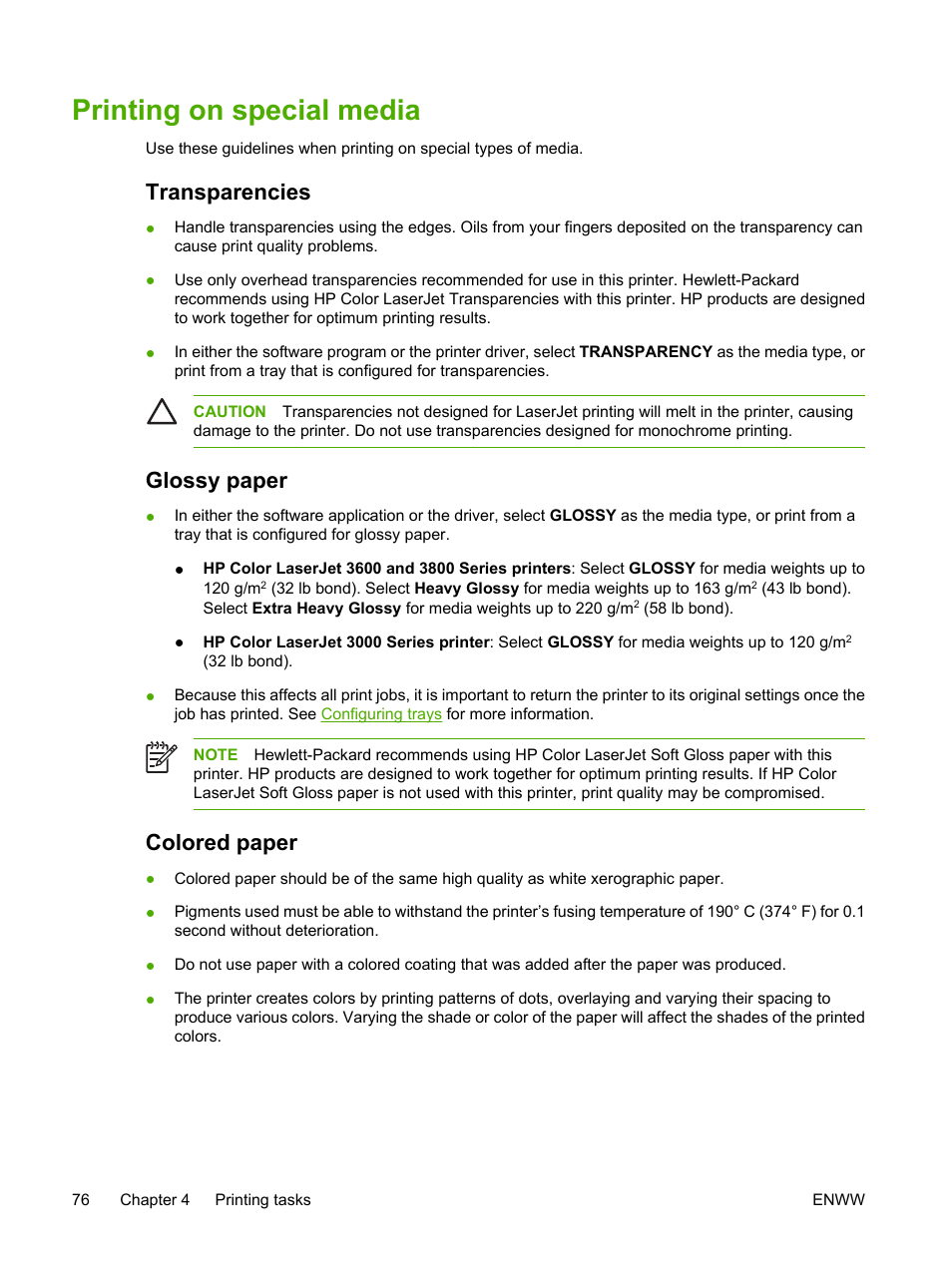 Printing on special media, Transparencies, Glossy paper | Colored paper, Transparencies glossy paper colored paper | HP 3800 User Manual | Page 90 / 226