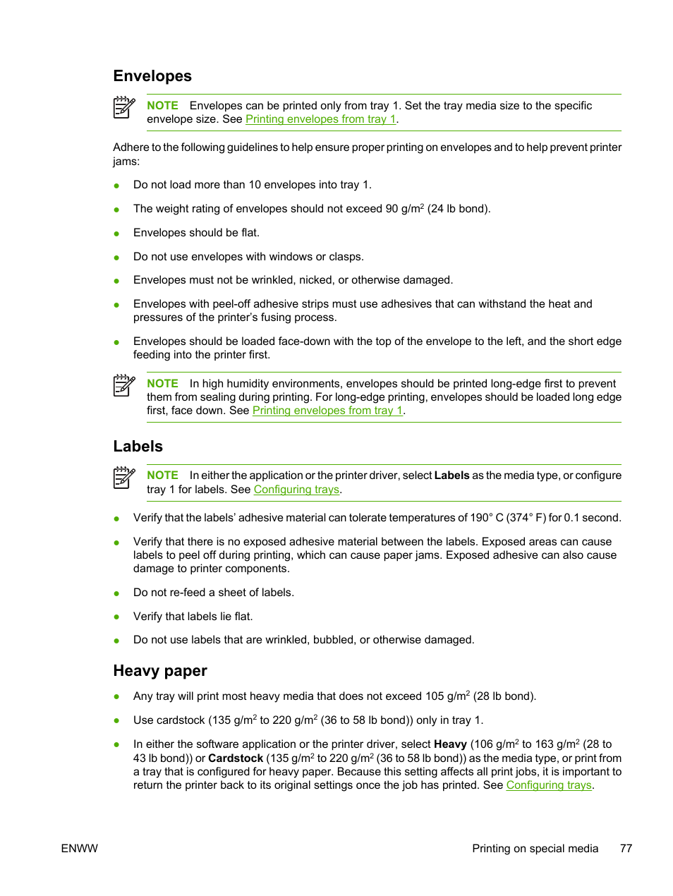 Envelopes, Labels, Heavy paper | Envelopes labels heavy paper | HP 3800 User Manual | Page 91 / 226