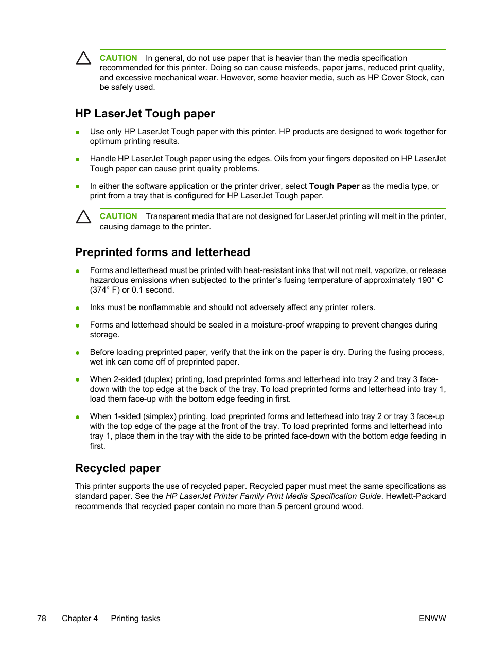 Hp laserjet tough paper, Preprinted forms and letterhead, Recycled paper | HP 3800 User Manual | Page 92 / 226