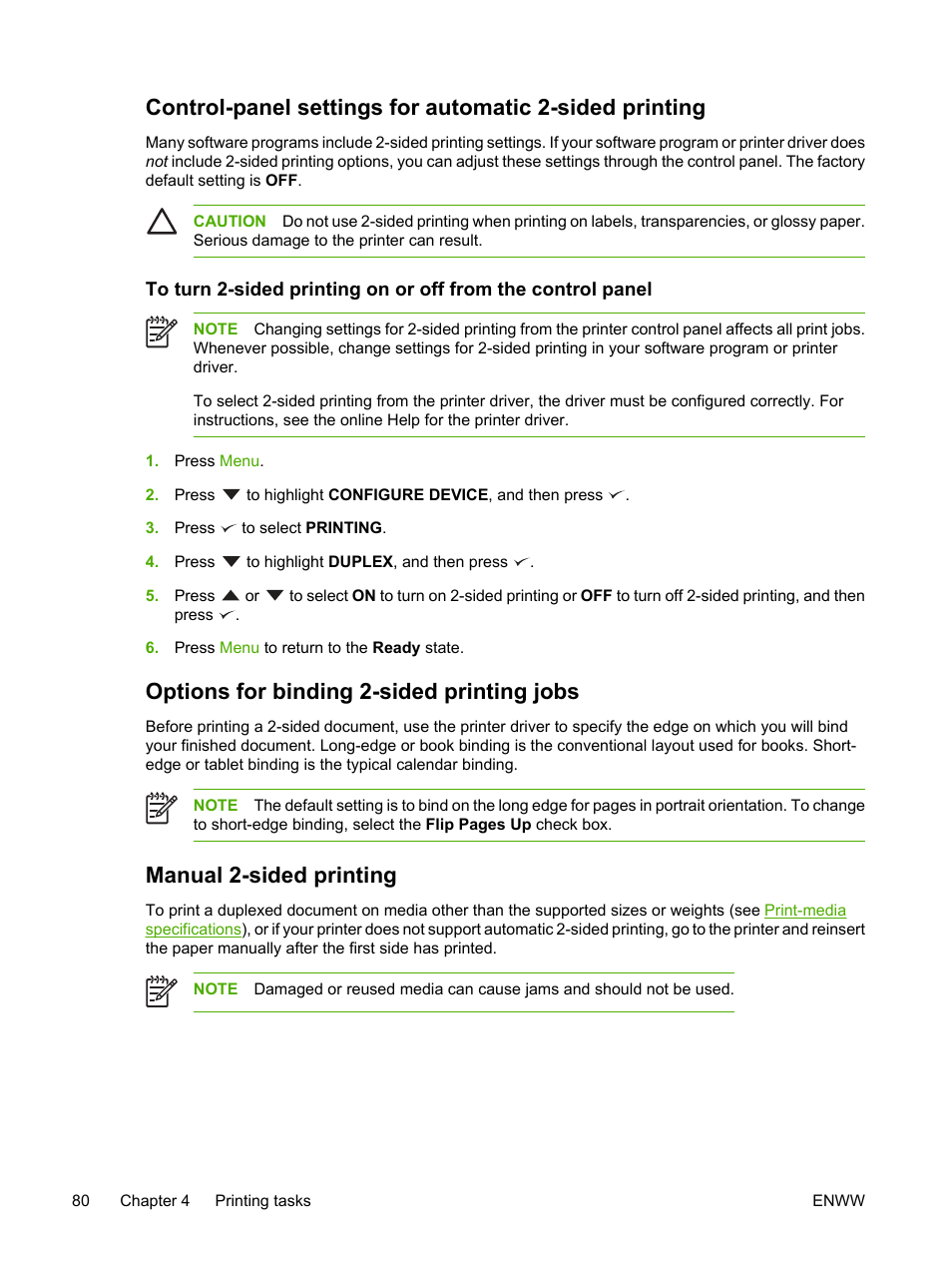 Options for binding 2-sided printing jobs, Manual 2-sided printing | HP 3800 User Manual | Page 94 / 226