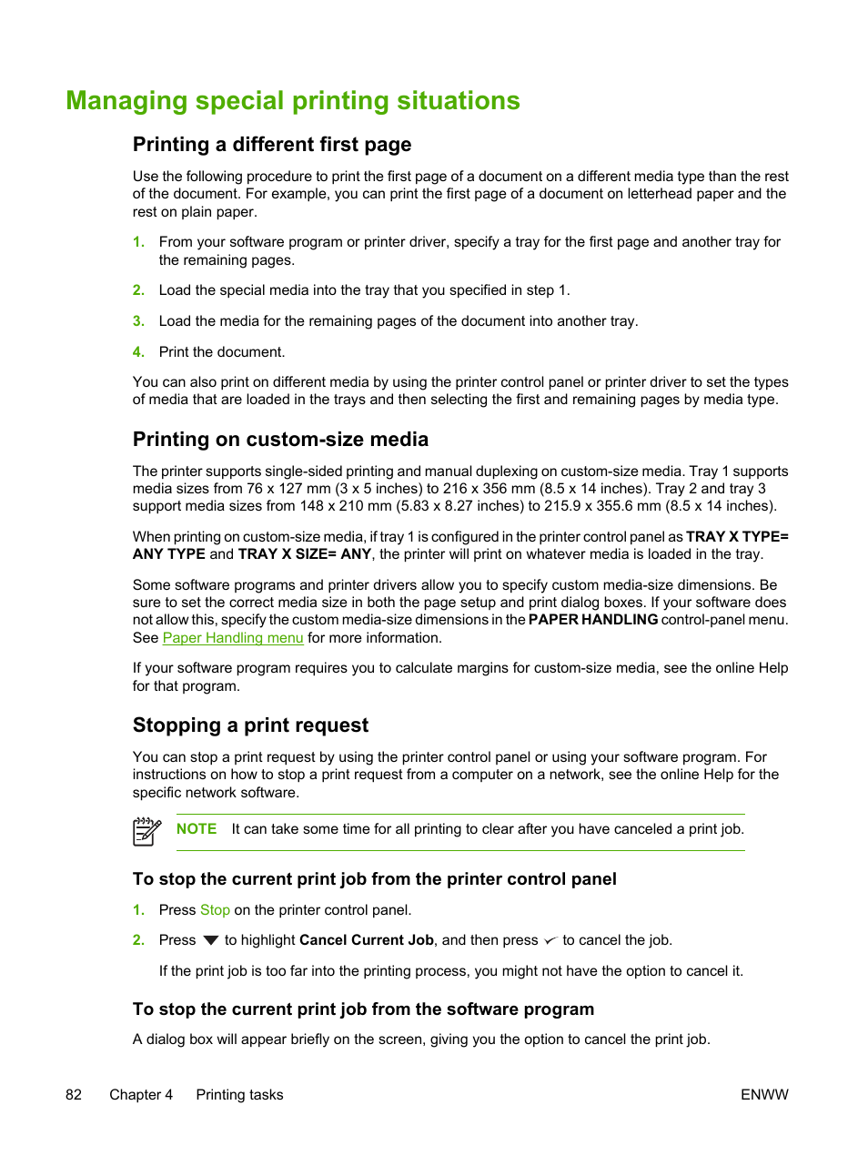 Managing special printing situations, Printing on custom-size media, Stopping a print request | Printing a different first page | HP 3800 User Manual | Page 96 / 226