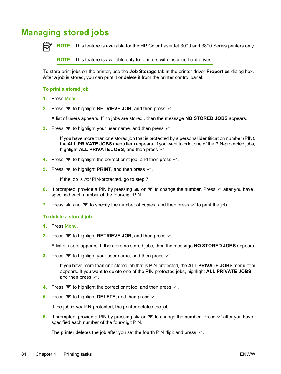 Managing stored jobs | HP 3800 User Manual | Page 98 / 226