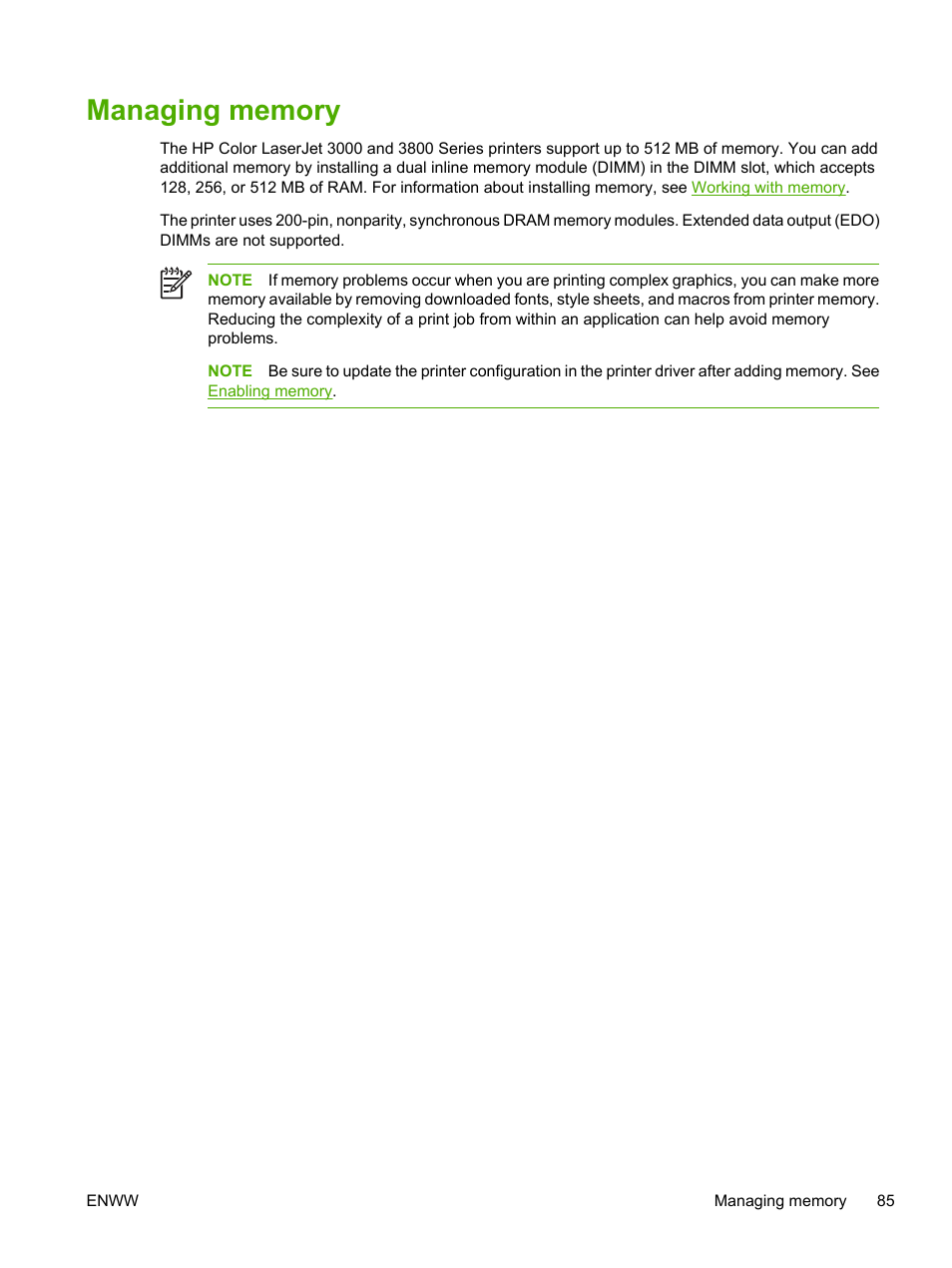 Managing memory | HP 3800 User Manual | Page 99 / 226