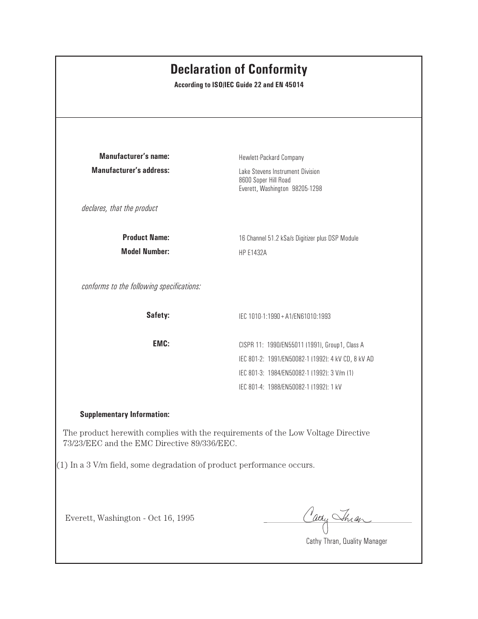 Declaration of conformity | HP VXI E1432A User Manual | Page 218 / 222