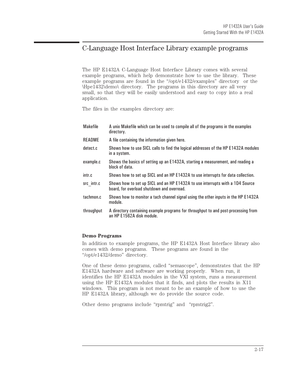 C-language host interface library example programs | HP VXI E1432A User Manual | Page 36 / 222