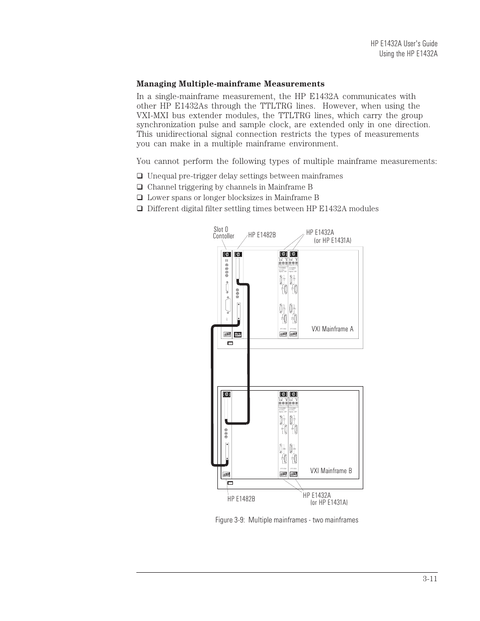 Channel triggering by channels in mainframe b, Lower spans or longer blocksizes in mainframe b, Or hp e1431a) | Figure 3-9: multiple mainframes - two mainframes | HP VXI E1432A User Manual | Page 50 / 222