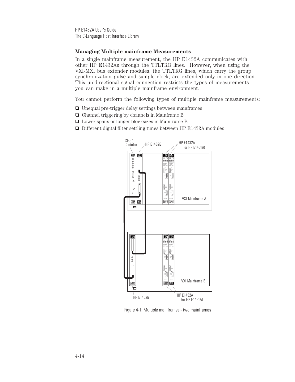 Channel triggering by channels in mainframe b, Lower spans or longer blocksizes in mainframe b, Figure 4-1: multiple mainframes - two mainframes | Or hp e1431a) | HP VXI E1432A User Manual | Page 89 / 222