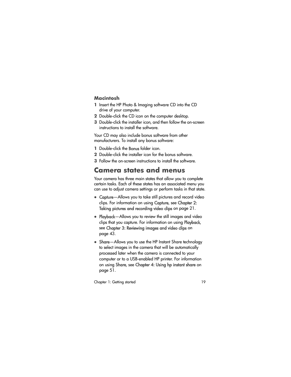 Macintosh, Camera states and menus | HP PhotoSmart 850 User Manual | Page 19 / 112