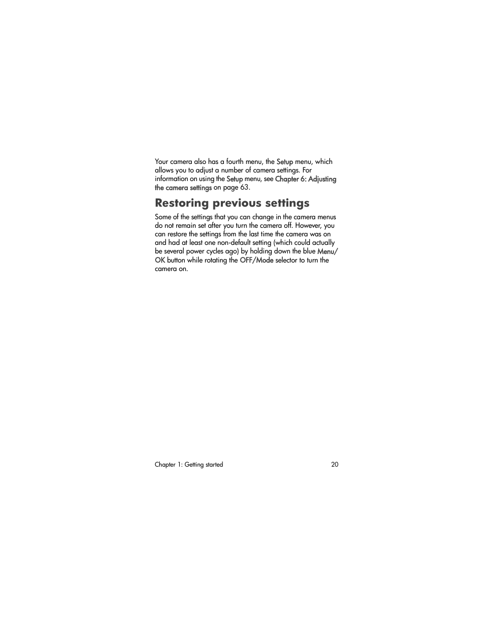 Restoring previous settings | HP PhotoSmart 850 User Manual | Page 20 / 112