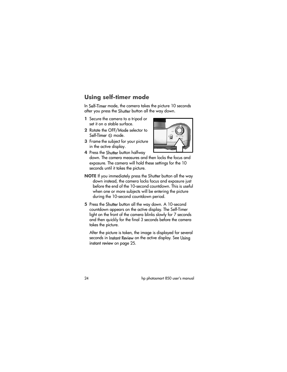 Using self-timer mode | HP PhotoSmart 850 User Manual | Page 24 / 112