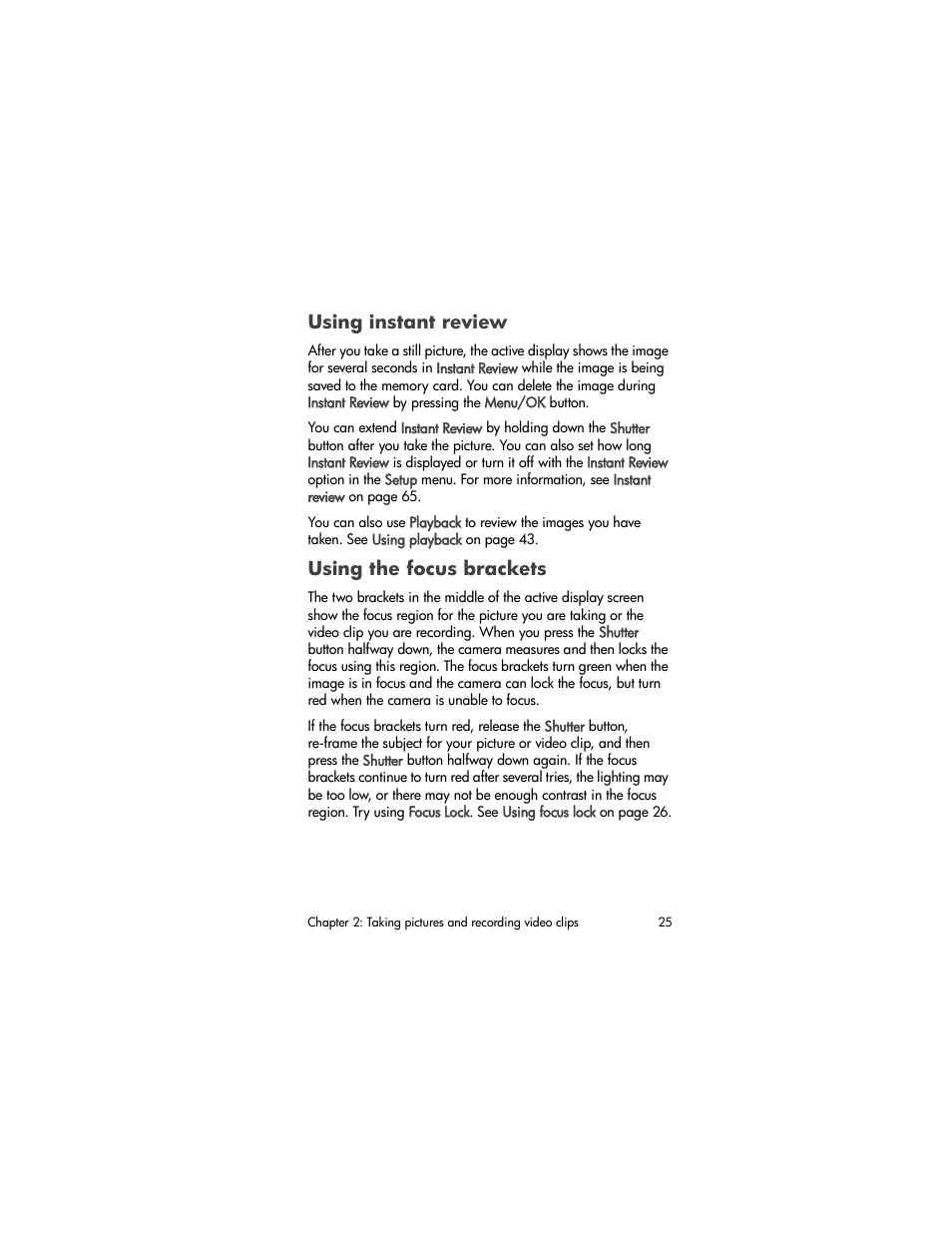 Using instant review, Using the focus brackets, Using | Instant review | HP PhotoSmart 850 User Manual | Page 25 / 112