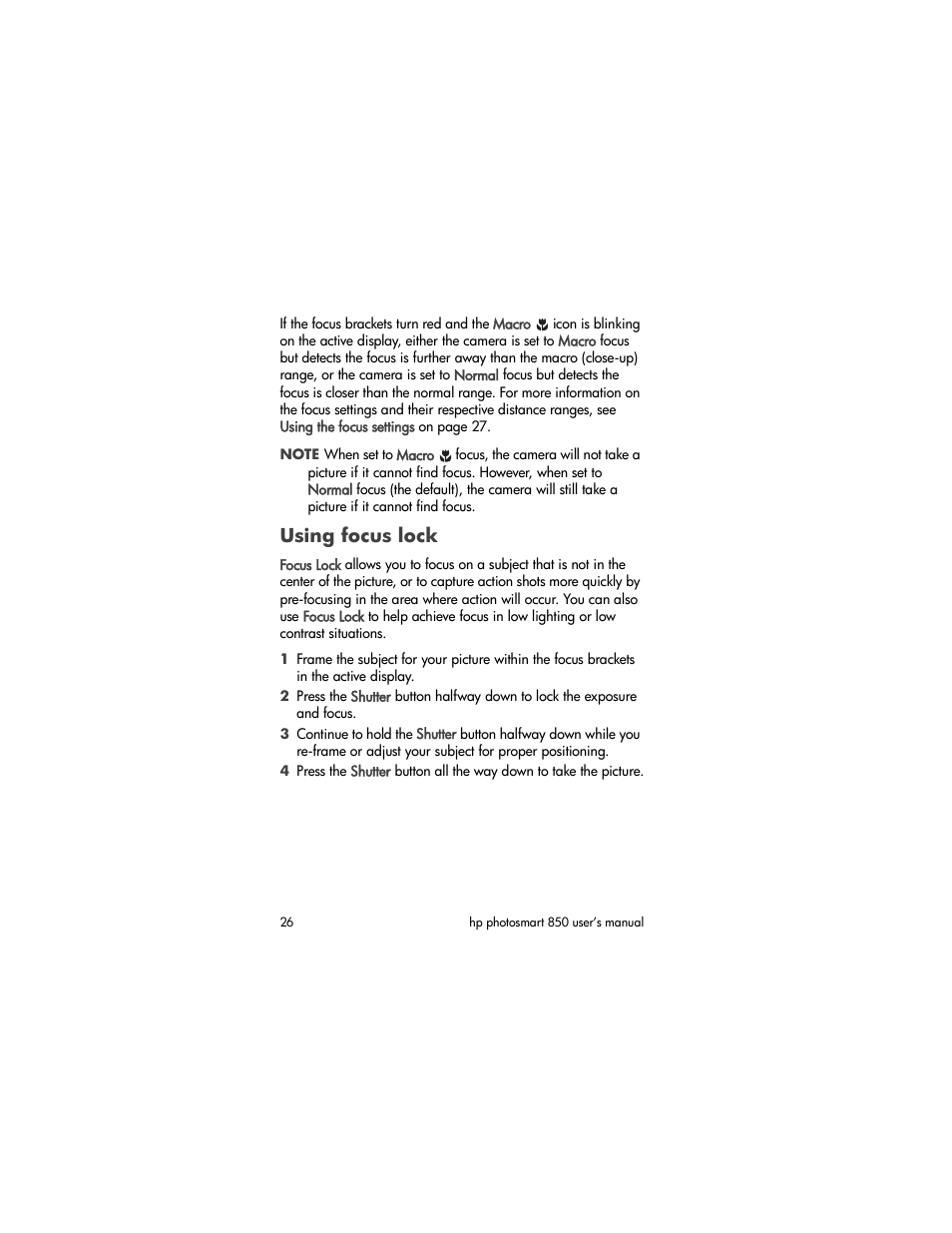 Using focus lock | HP PhotoSmart 850 User Manual | Page 26 / 112