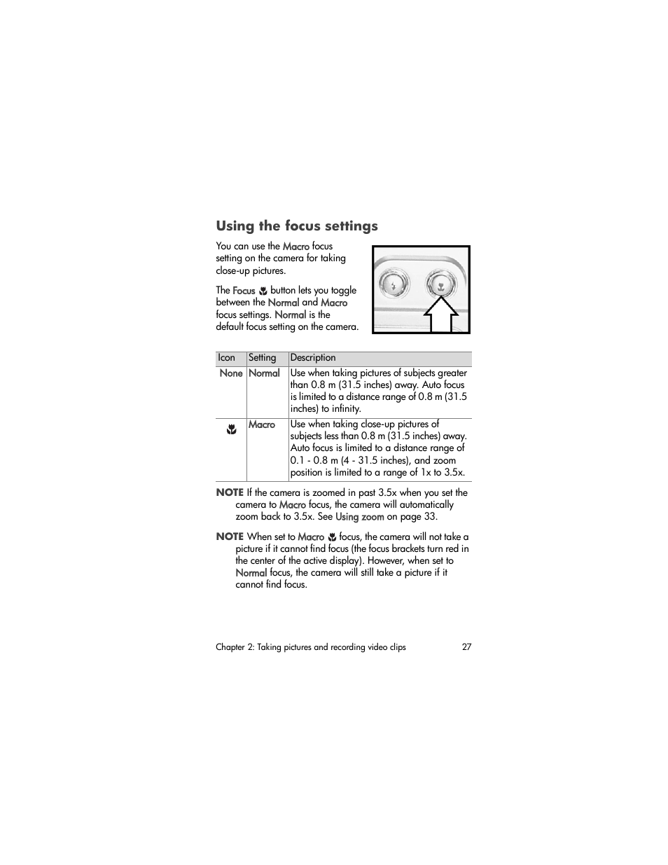 Using the focus settings | HP PhotoSmart 850 User Manual | Page 27 / 112