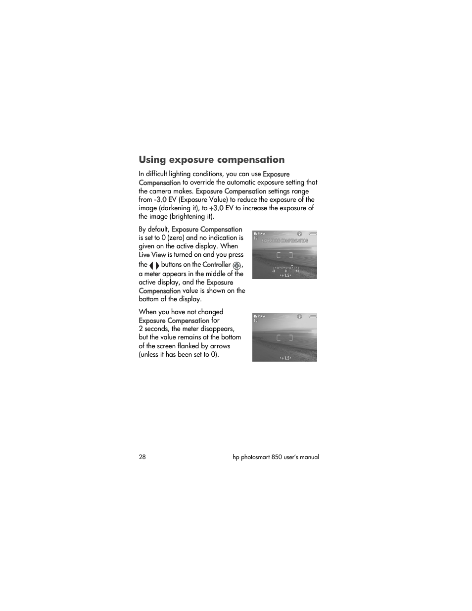 Using exposure compensation | HP PhotoSmart 850 User Manual | Page 28 / 112