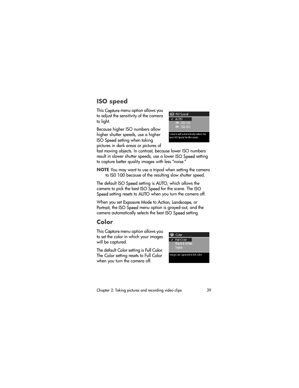 Iso speed, Color | HP PhotoSmart 850 User Manual | Page 39 / 112