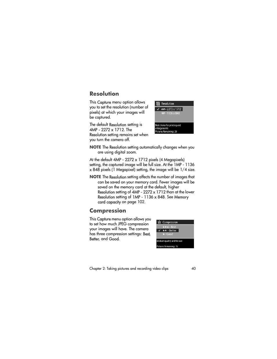 Resolution, Compression | HP PhotoSmart 850 User Manual | Page 40 / 112
