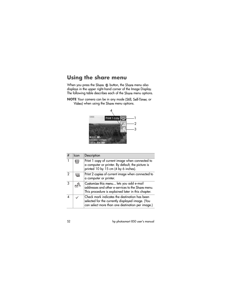 Using the share menu | HP PhotoSmart 850 User Manual | Page 52 / 112