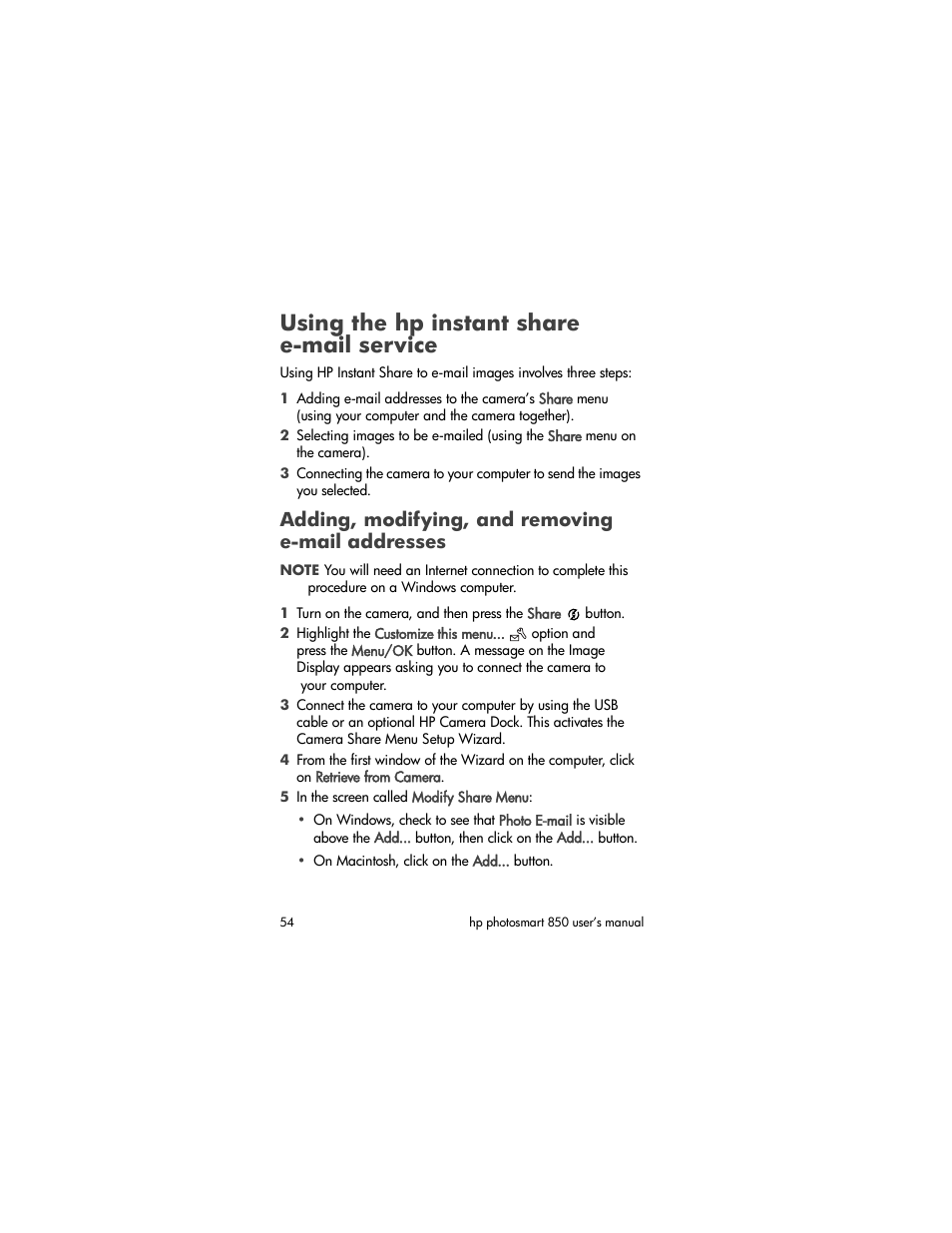 Using the hp instant share email service, Adding, modifying, and removing email addresses, Using the hp instant share e-mail service | Adding, modifying, and removing, E-mail addresses, Adding, modifying, and removing e-mail addresses | HP PhotoSmart 850 User Manual | Page 54 / 112