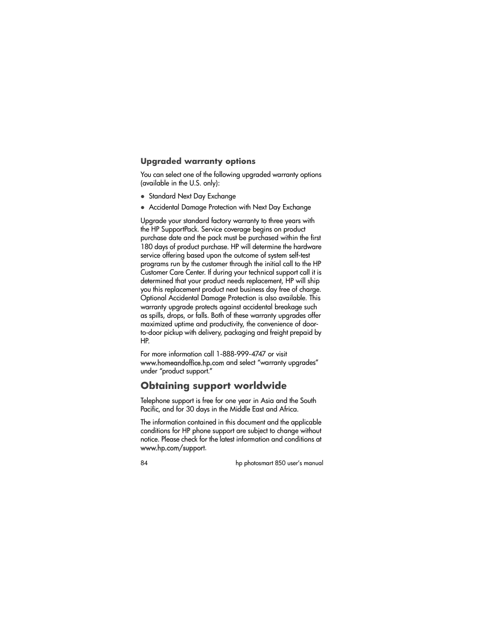 Upgraded warranty options, Obtaining support worldwide | HP PhotoSmart 850 User Manual | Page 84 / 112