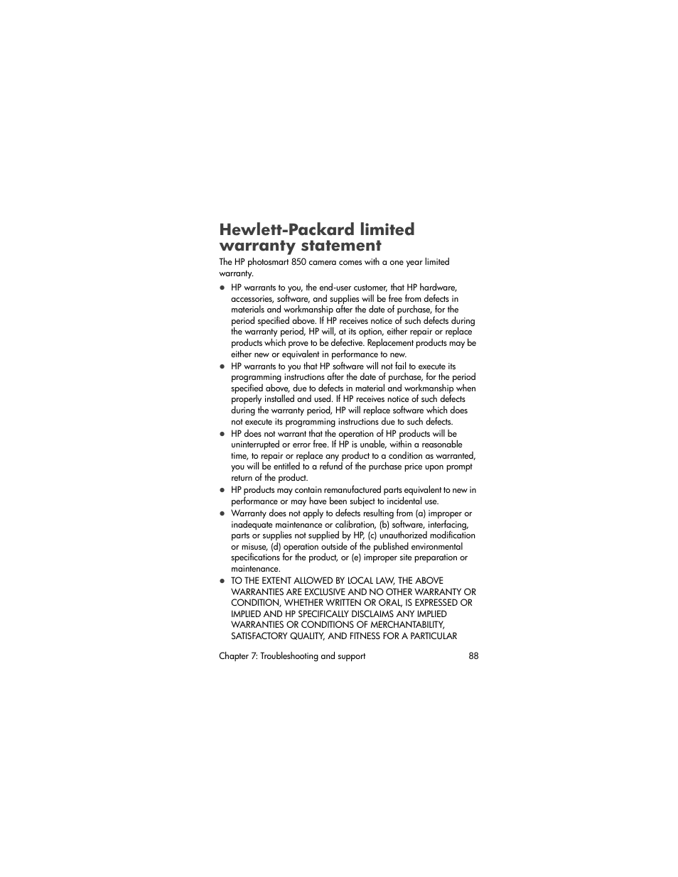 Hewlett-packard limited warranty statement | HP PhotoSmart 850 User Manual | Page 88 / 112