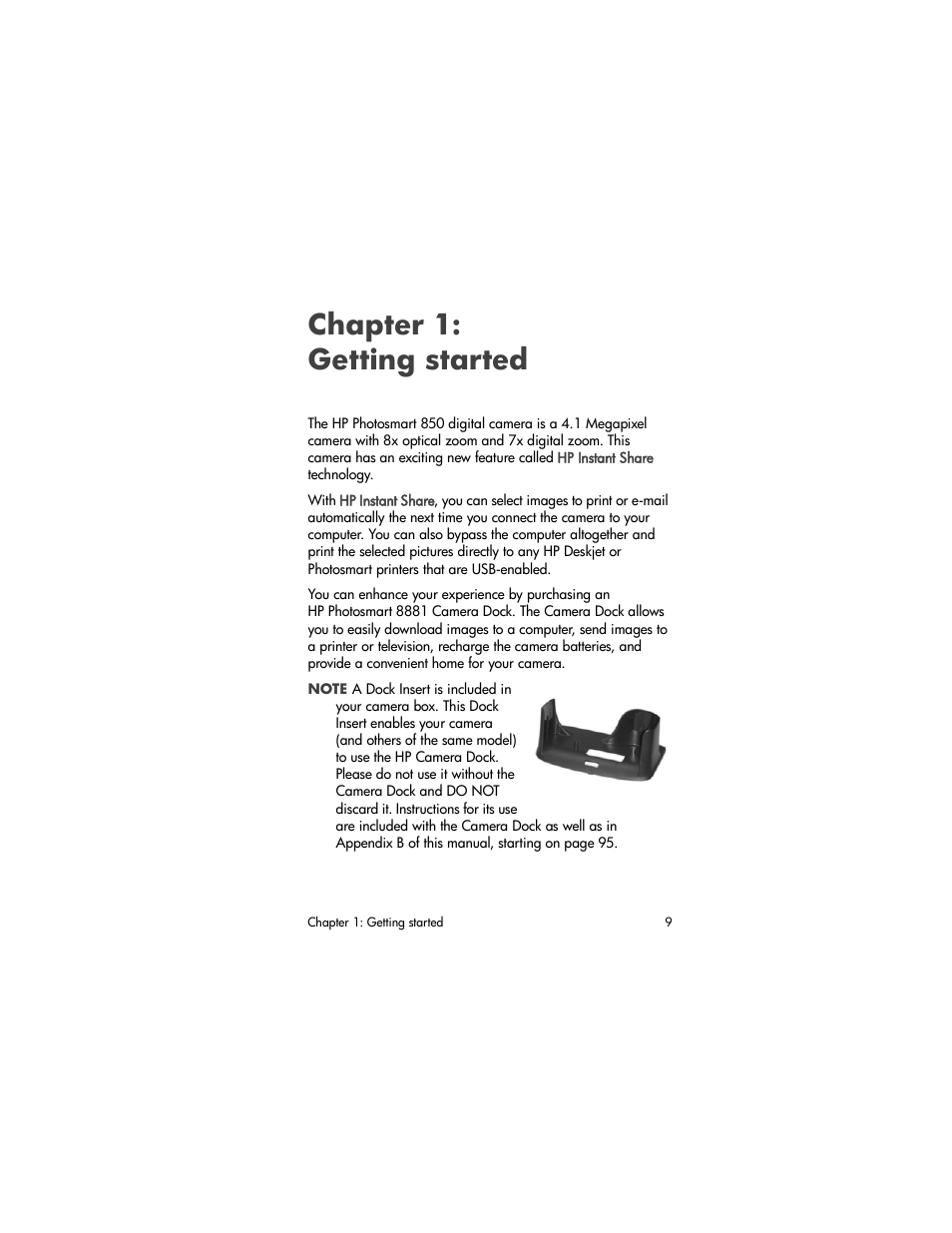 Chapter 1: getting started, Chapter 1, Getting started | HP PhotoSmart 850 User Manual | Page 9 / 112